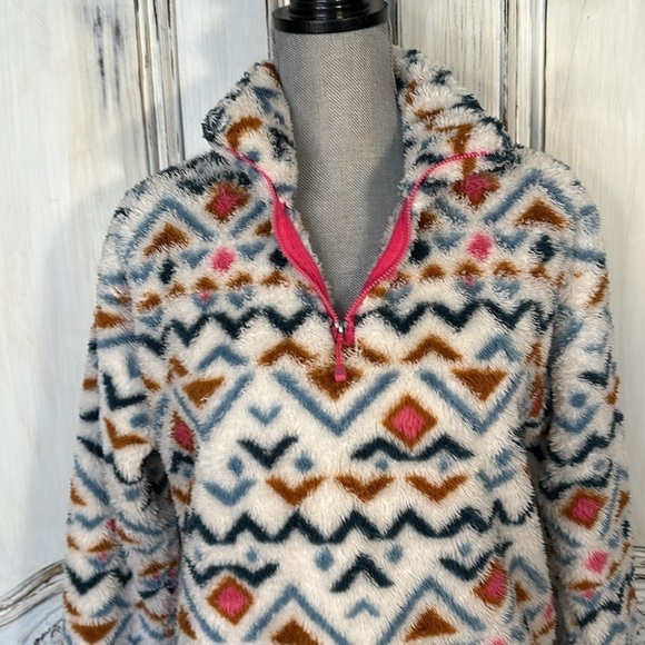 Eddie Bauer Multi Color Geometric Graphic Henley Zip Fluffy Sweat Shirt Size Med - Picture 5 of 13